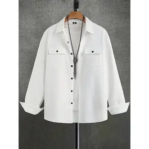 Men's Casual Button-Up Jacket in Pure White - Soft, Stretch Fabric with Faux Pockets, Long Sleeve, Perfect for Spring & Fall