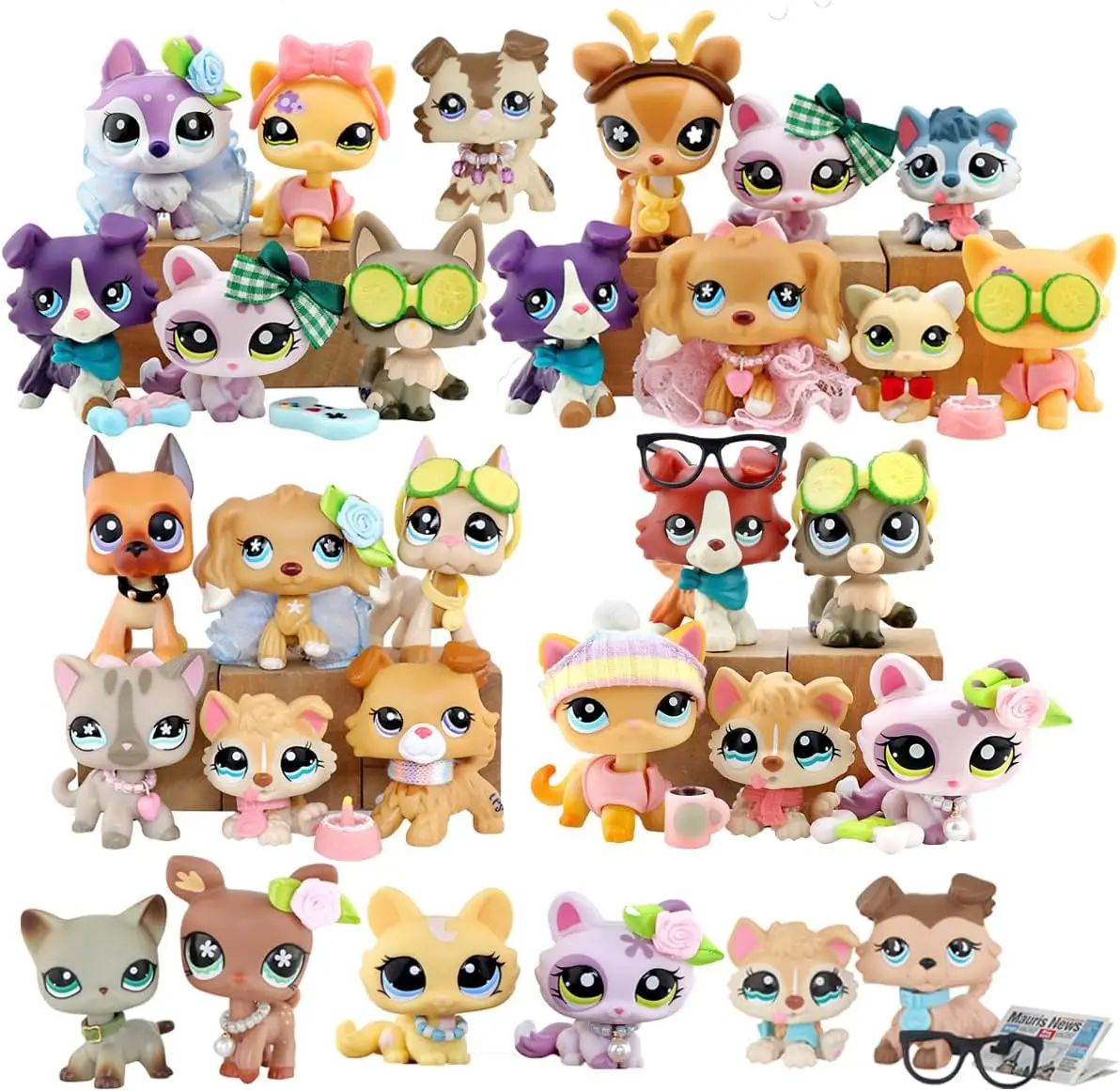 littleshop 5 pc random animal cat and dog action figures and random 7 pc accessories for lps collection