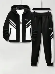 2Pcs/Set Boys Teens Printing Sportswear Set Casual Hooded Fleece Cardigan Printed Sweatshirt Jacket + Fleece Jogger Pants with Printed Pattern Outdoor Vintage Street Trendy Fashion Spring Autumn B2701 jogger