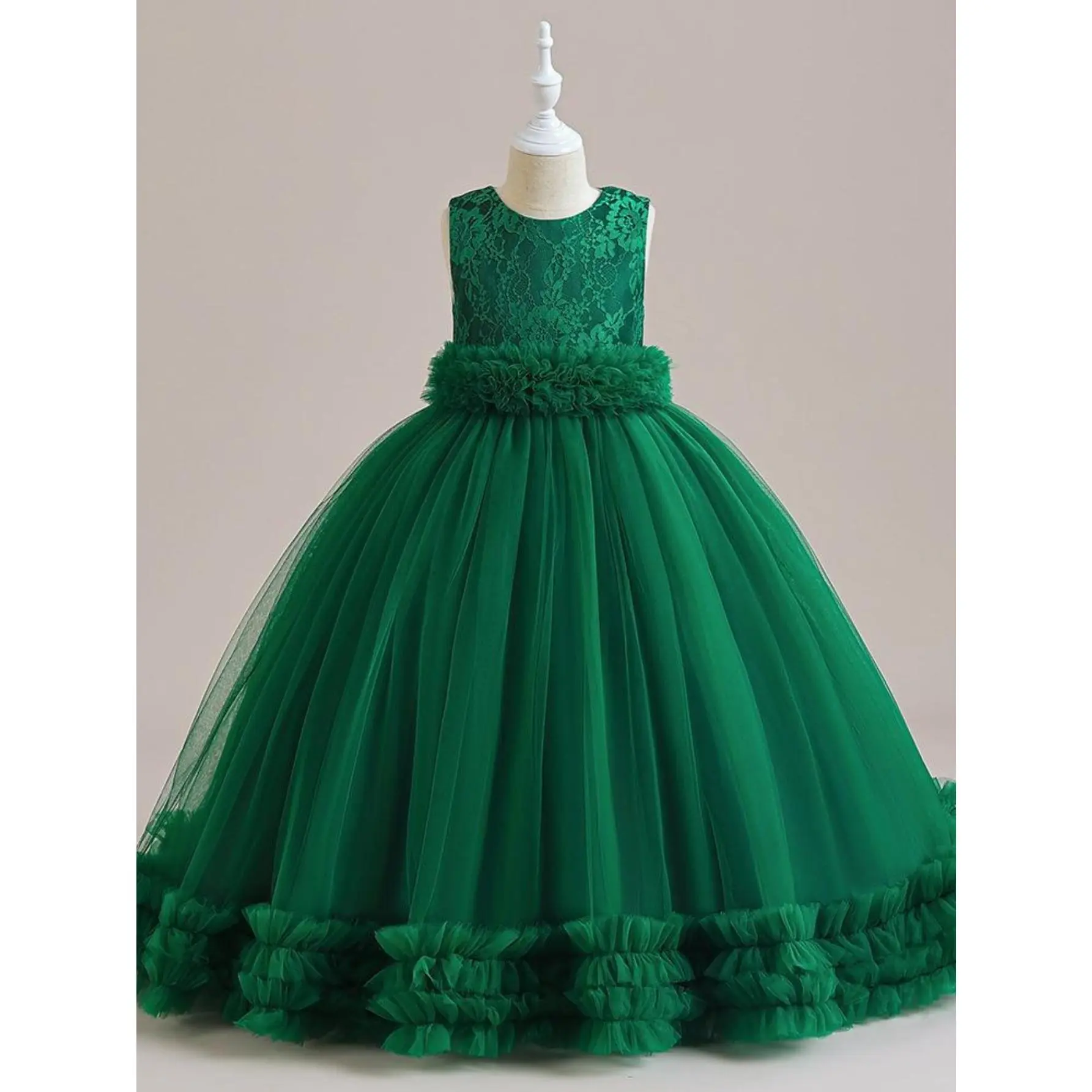 Girls' Princess Theme Formal Dress - Sleeveless Polyester Blend Party Gown, Plain Green Lace Bodice, Tiered Layer Red Tulle Skirt, Christmas Holiday Wear, Sizes 7-8Y,11-12Y,13-14Y (Ages 7-16Y Coverage)