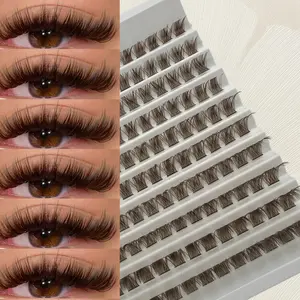 120pcs DIY Brown Fluffy Eyelash Clusters, Eyelash Extensions Set, D Curl Cluster Eyelashes, Thick Volume Cat Eye Eyelashes, Individual Eyelashes Extension Natural Soft Fans Eyelashes DIY At Home Daily Makeup, Eyelash Cluster Kit