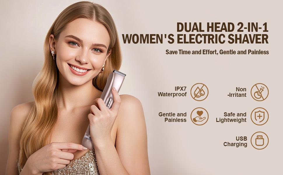 2026 New Women's 2-In-1 Waterproof Electric Shaver & Bikini Trimmer, Dual-Head Hair Removal Razor for Bikini, Underarm, Leg, Arm & Facial Hair, Wet Dry Use, USB Rechargeable (Champagne)