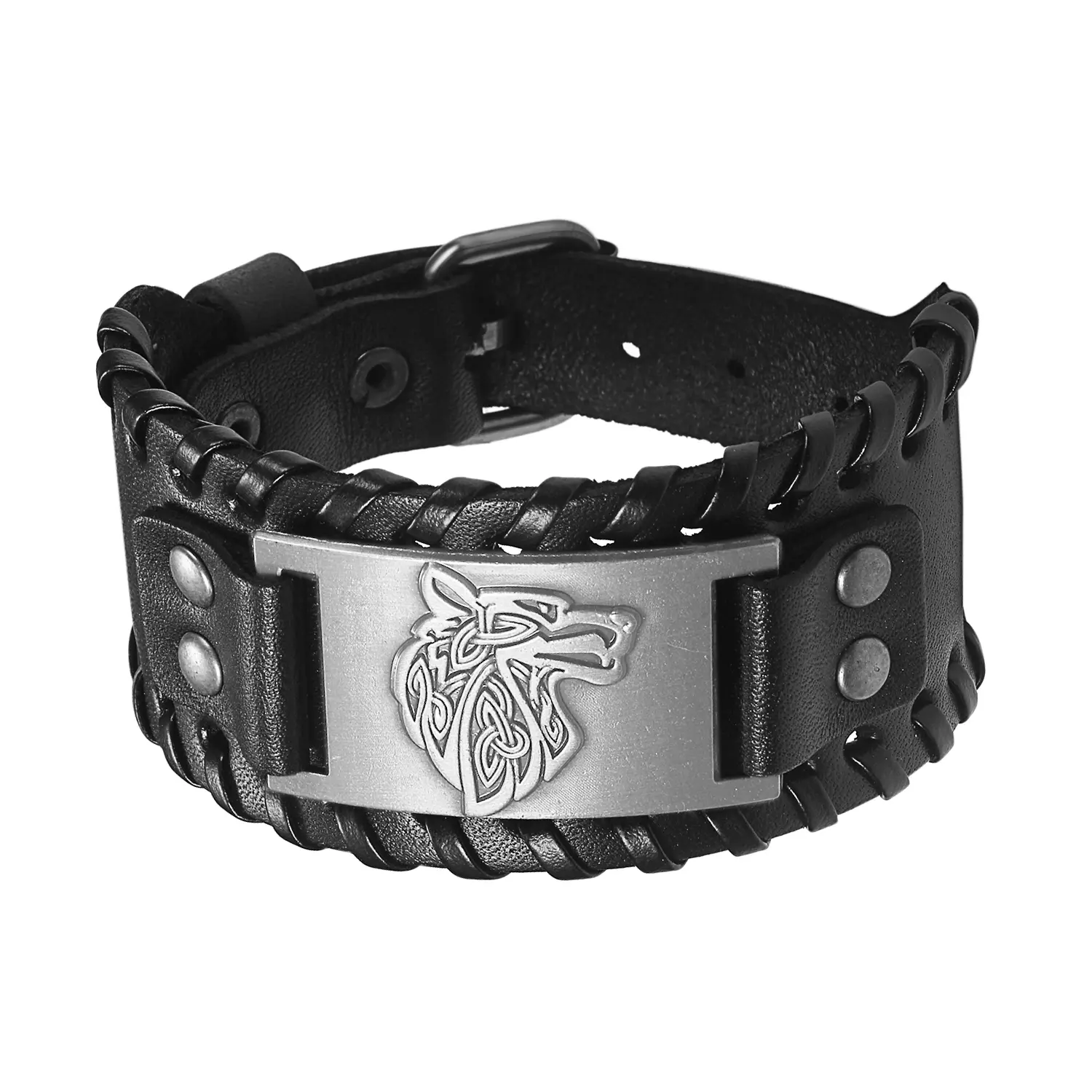 OIDEA Men's Gothic Punk Wide Adjustable Leather Strap Bracelet - Viking Nordic Wide Cuff Wrap with Viking Motif & Wolf Charm, Dark Fantasy Black Biker Wristband, Unisex Wear Adjustable Bangles, Snap Closure Gift for Dads