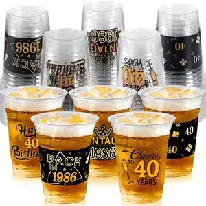50 Pcs 16 Oz 40th Birthday Party Plastic Cups Bulk, Black Gold Clear Disposable Drinking Cups for Birthday Party Supplies Decorations for Women Men