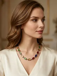 A silver toned colorful square gemstone bead necklace with bright and eye-catching colors, suitable for daily wear, casual dating or vacation scenes.