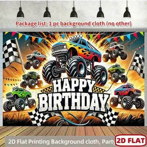 1pc 2D Flat Monster Truck Birthday Party Backdrop with Happy Birthday Lettering & Racing Flags - Polyester Fabric Monster Truck Theme Decorations for Boys Girls, Indoor/Outdoor Photo Booth Wall Han