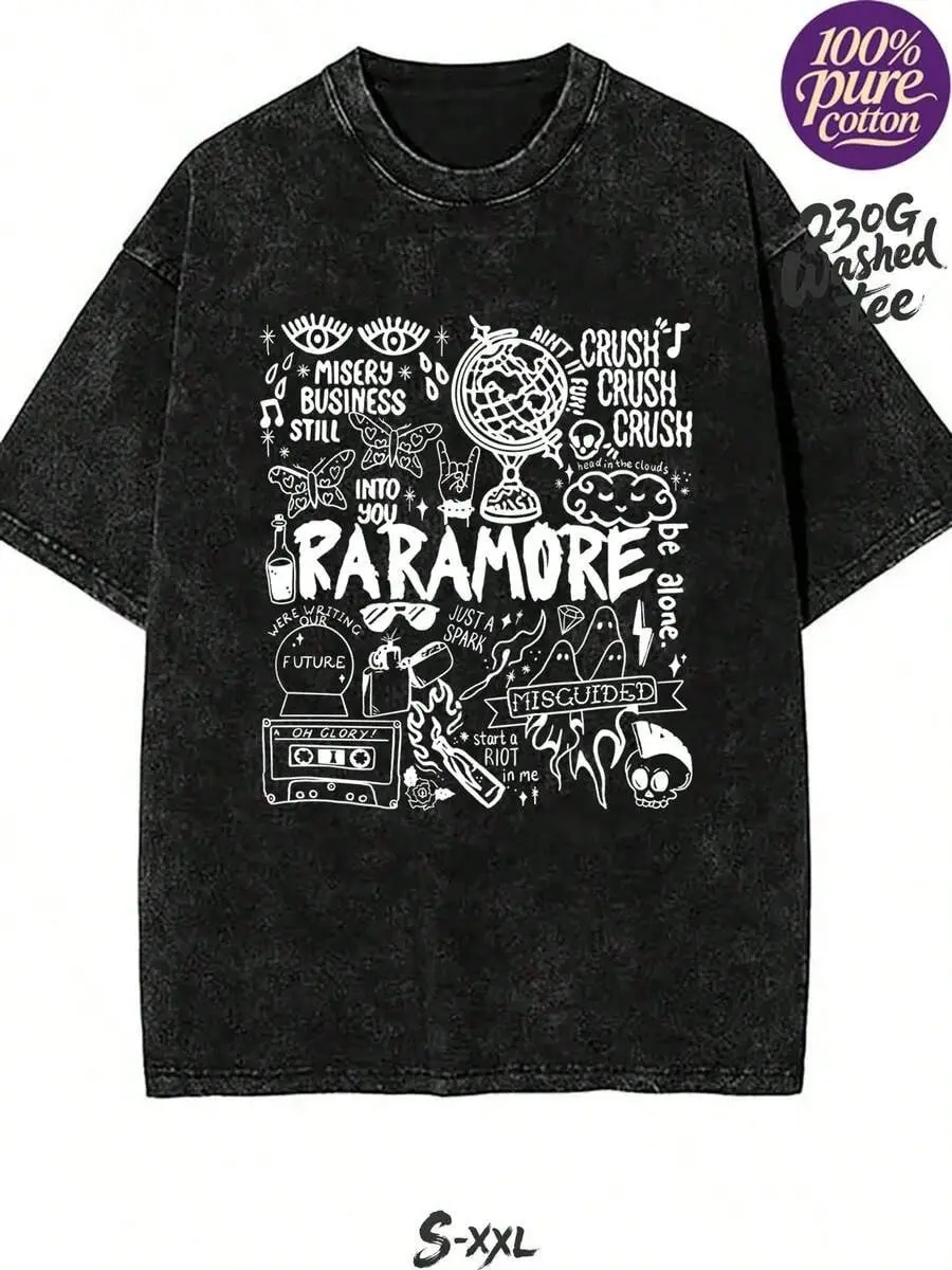 Vintage Paramore Doodle Art T‑Shirt, Misery Business Lyrics Washed Black Cotton Oversized Short Sleeve Tee, Retro Pop Punk Band Graphic Casual Crewneck Shirt