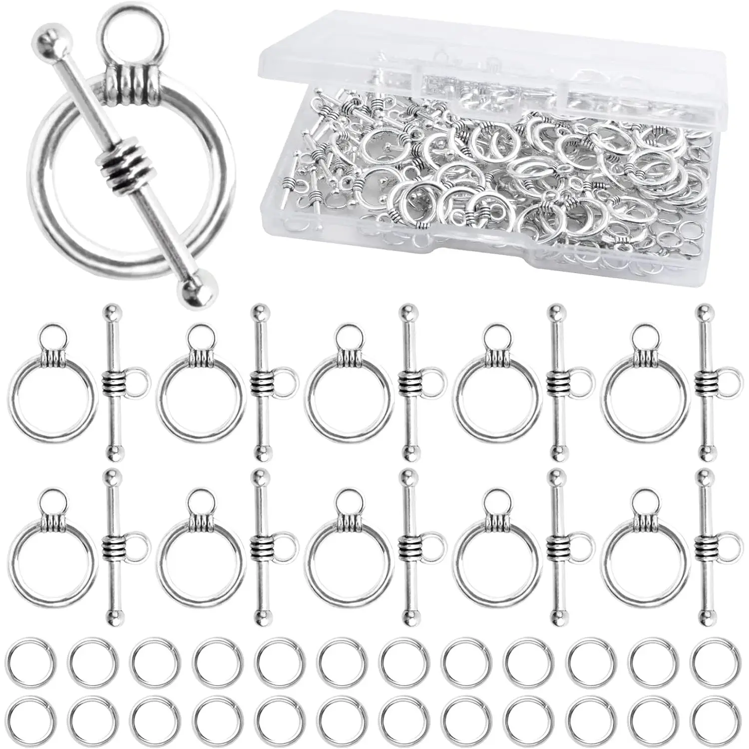 50 Sets Toggle Jewelry Clasp Sets Metal Toggle Clasps Connectors Bar and Round Ring Clasps with 100pcs Open Jump Rings and a Box for DIY Jewelry Making