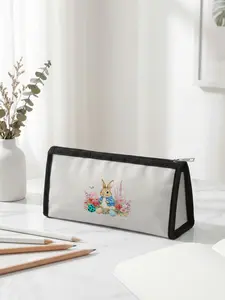 1 piece of Easter limited edition pencil case with 2D printed Easter bunny floral pattern, ergonomic triangular capacity for portable size | Perfect for students in class/office organization, combines festive atmosphere with practicality