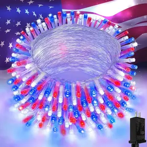 4th of July Decorations 100 LED 33FT String Lights for Outdoor Indoor, Red White Blue Lights 8 Modes Clear Wire Fairy  Light for Independence Day  Flag Holiday