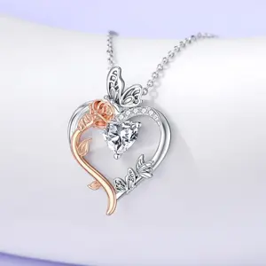 TOUPOP Butterfly Rose Heart Birthstone Necklaces for Women,s925 Sterling Silver Forever Love Heart Fine Jewelry Christmas Valentines Mothers Day Birthday Gifts for Women Her Girlfriend Mom a0 b0