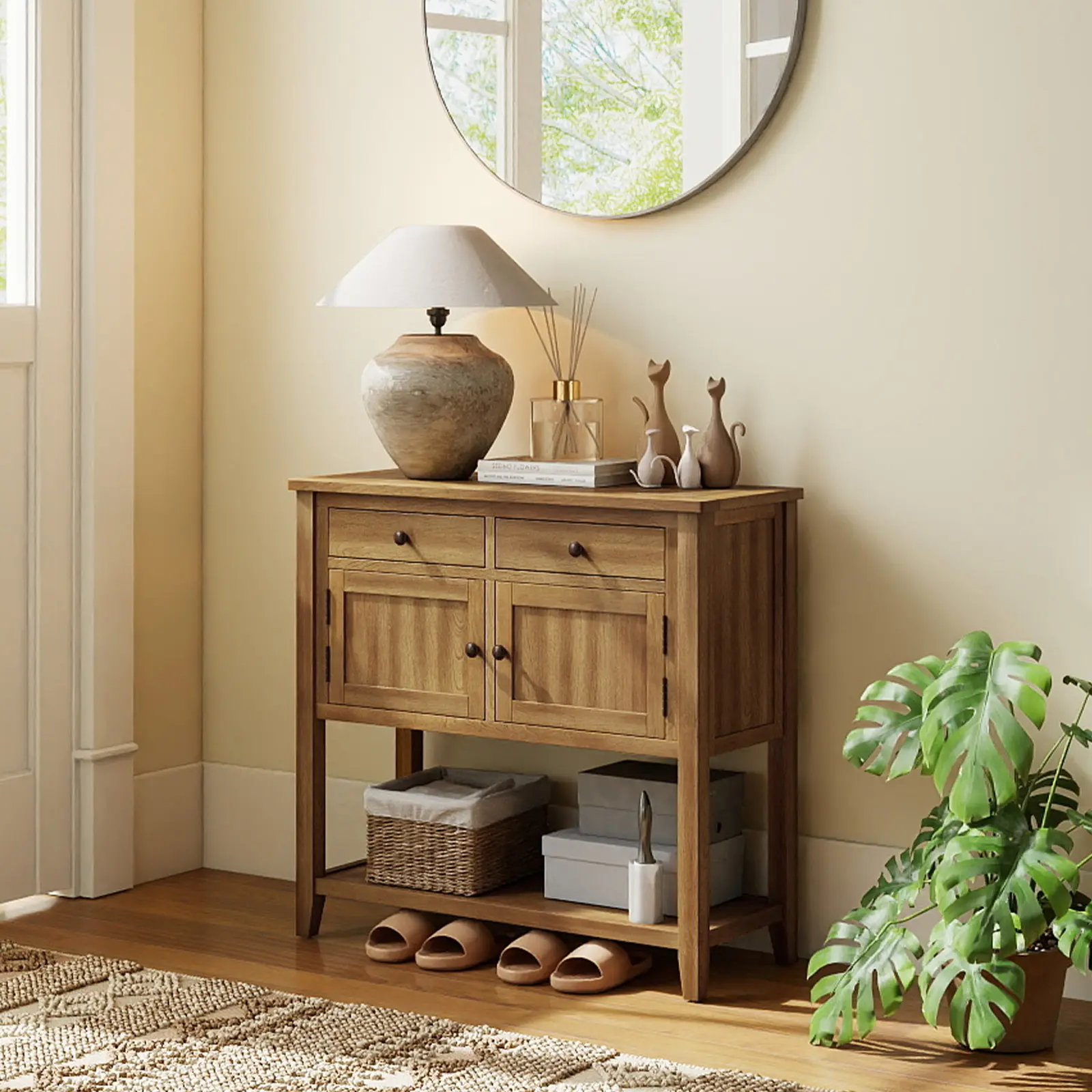 COSTWAY - Mid-Century Console Table Wood Coffee Bar Buffet Sideboard with 2 Drawers-Walnut