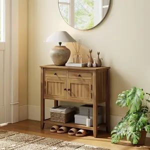 COSTWAY - Mid-Century Console Table Wood Coffee Bar Buffet Sideboard with 2 Drawers-Walnut