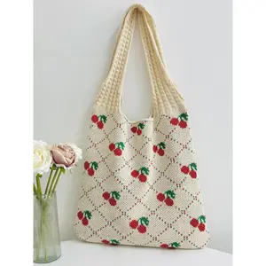 Women's Cute Cherry Pattern Crochet Shoulder Bag, Casual Trendy Knitted Bag, Fashionable Crochet Bag for Daily Use, Slouch Bag