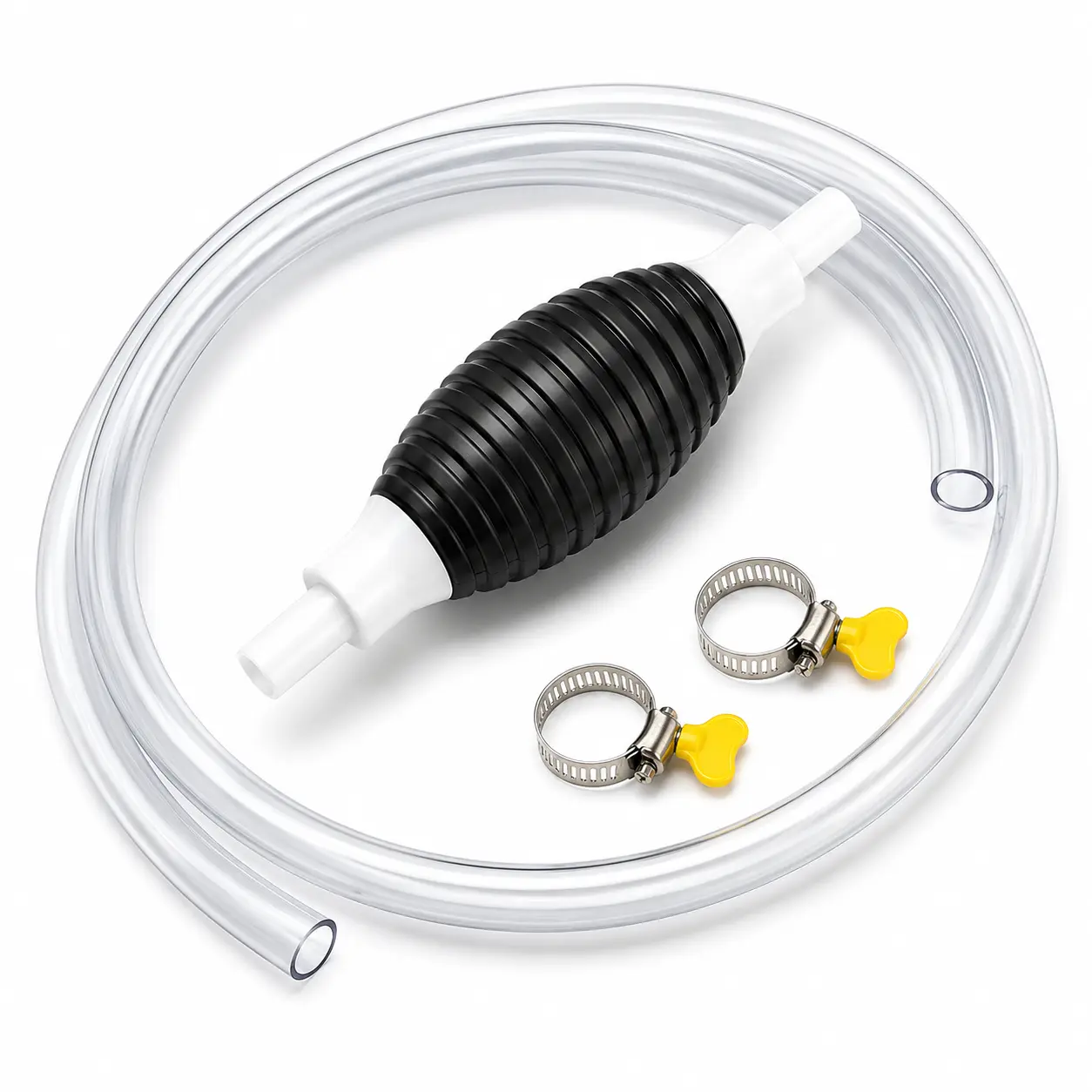 Manual Siphon Pump Kit with 39.37in / 1M Clear Hose & 2 Hose Clamps, Hand Squeeze Liquid Transfer Pump for Gasoline, Oil, Water, Fuel Can, Car, Motorcycle & Small Engines
