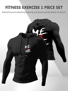 Men's Lightweight Letter Print Drawstring Hooded Long Sleeve T-Shirt, Comfortable Fabric, Sporty Style, Athletic Fit, Athletic Apparel, All Seasons Wear, Versatile Clothing, Fitness Shirts