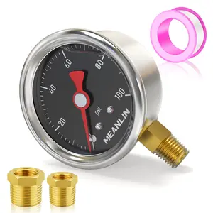 MEANLIN MEASURE 0~100Psi Stainless Steel 1/8" NPT 1.5" FACE DIAL, Glycerin Filled Pressure Gauge, Liquid Filled, Lower Mount(Black) with 1/8" x 1/4" NPT and 1/8" x 3/8" NPT Hex Bushing