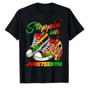 Summer 2026 Streetwear[100% Cotton] Stepping Into Juneteenth Afro Woman Black Girls Sneakers Men T-Shirt Black Pride June 19Th 1865 Clothes Humor Funny Graphic Tees Golf Gift T-Shirt For Men And WomenGraphic Tee Breathable / Soft
