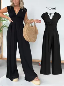 Women's Solid Color Tie Waist Jumpsuit, Casual Comfy Wide Leg Jumpsuit for Summer, Women's Jumpsuit for Daily Wear, Solid Color Jumpsuits