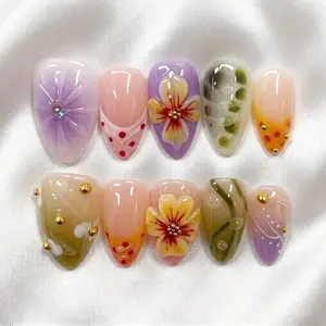 10Pcs Handmade Press on Nails Spring Green Grass 3D Flower Design Polka Dot French Tip Dopamine Colorful Summer Acrylic False Nails for Women Reusable Easy to Wear for Parties, Daily & Dancing, Nail Kit, Nail Art Tool Wedding Bridal Nail Kit Nail Art