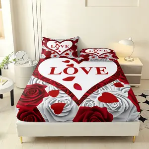 3Pcs Love Rose Fitted Sheet Set, 1 Fitted Sheet + 2 Pillowcases, No Filling