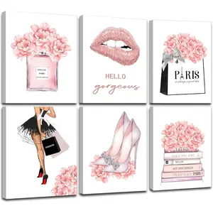FRAMED Pink Makeup Room Canvas Wall Art Set of 6 8x10 in Framed Artwork for Girls and Women - Artistic Print for Beauty Room Decor Ornaments Decoration