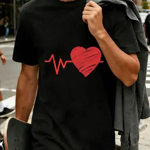 Heartbeat ECG Graphic Tee - 100% Cotton Short Sleeve T-Shirt with Bold Red Heart Design, Super Soft Breathable Urban Streetwear for Skate Lovers, Perfect Casual Gift for Valentine's Day or Everyday Style