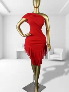 QFAF Women Dress Red One Shoulder Bodycon Dress, Valentine’s Day 2026 Sexy Fitted Red Midi Dress, Ruched Waist Slim Fit Cocktail Dress, Asymmetrical Neckline, Elegant Draped Design, Date Night Party Evening Dinner Holiday Outfit
