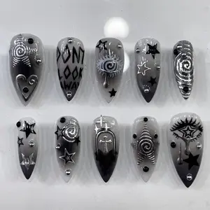 Chic Nail Studio Serpent Eye Press-On Nails, Black and Grey Base, 3D Eye Accent, Cat Eye Illusion, Cross Detail, Custom Press-On Nail, Fantasy Reptile Aesthetic, Bold & Mysterious Look.