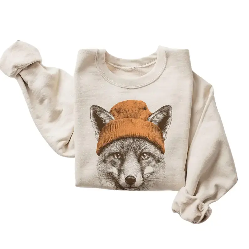 Cute Fox With Beanie Sweatshirt - Vintage (Phuhi) 90's Wildlife Camping Outfit - Winter Outdoor Adventure - Nature Animals Unisex Adult  T-shirt Graphic Sweatshirt