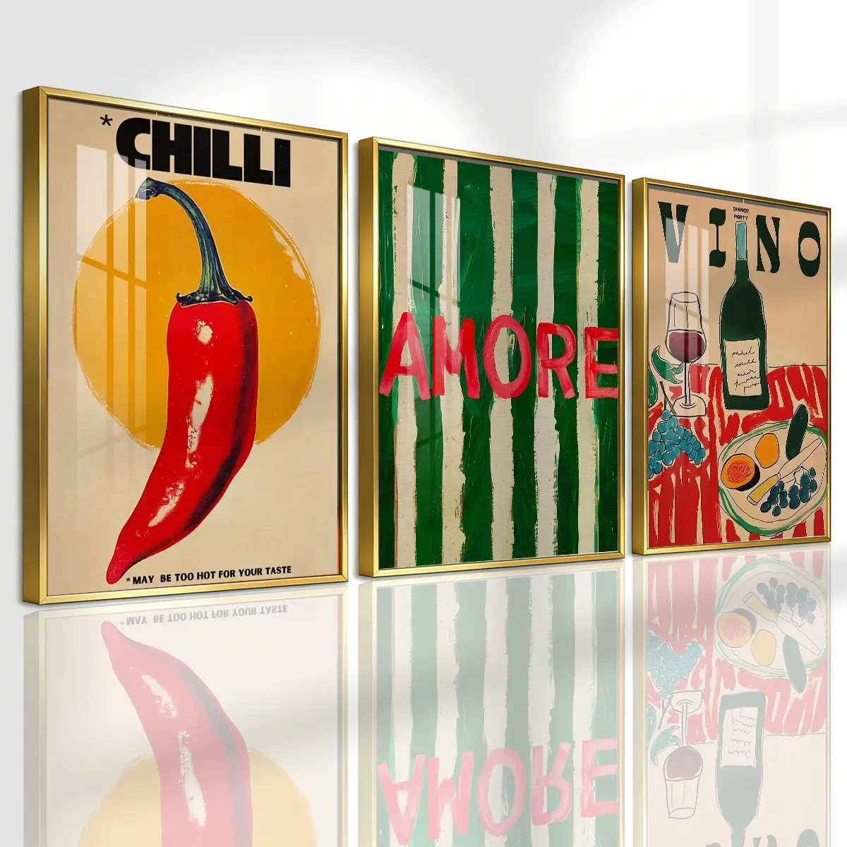 3 Counts Aluminum Alloy Framed Painting, Retro Food Art Posters Chilli Amore Wine Pictures, Home Decoration For Living Room, Bedroom, Office, Restaurant, Hallway Wall Decor, Odorless Print Artwork, Luxury Perfect Gift For Friends And Family