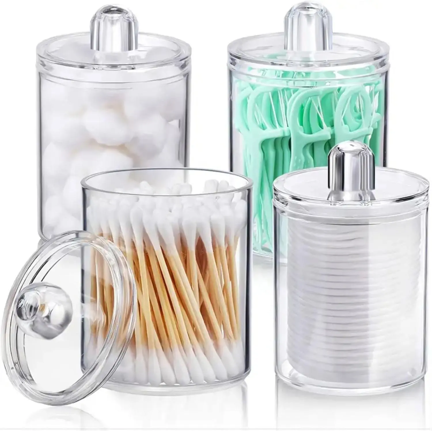 4-Pcs Small Eco-Friendly Modern Round Plastic Qtip Holder Jar Set - Lid-Sealed Home Organizer Storage, Kitchen Canisters, Top-Opening Mini Makeup Organization Containers for Swabs, Cotton Pads, Travel Toiletries