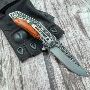 EDC pocket knife, 4CR13 blade, perfect exquisite carving and peach blossom wood handle, tactical survival knife, family small tool, suitable for hunting, hiking, fishing, etc., the best choice for holiday gifts