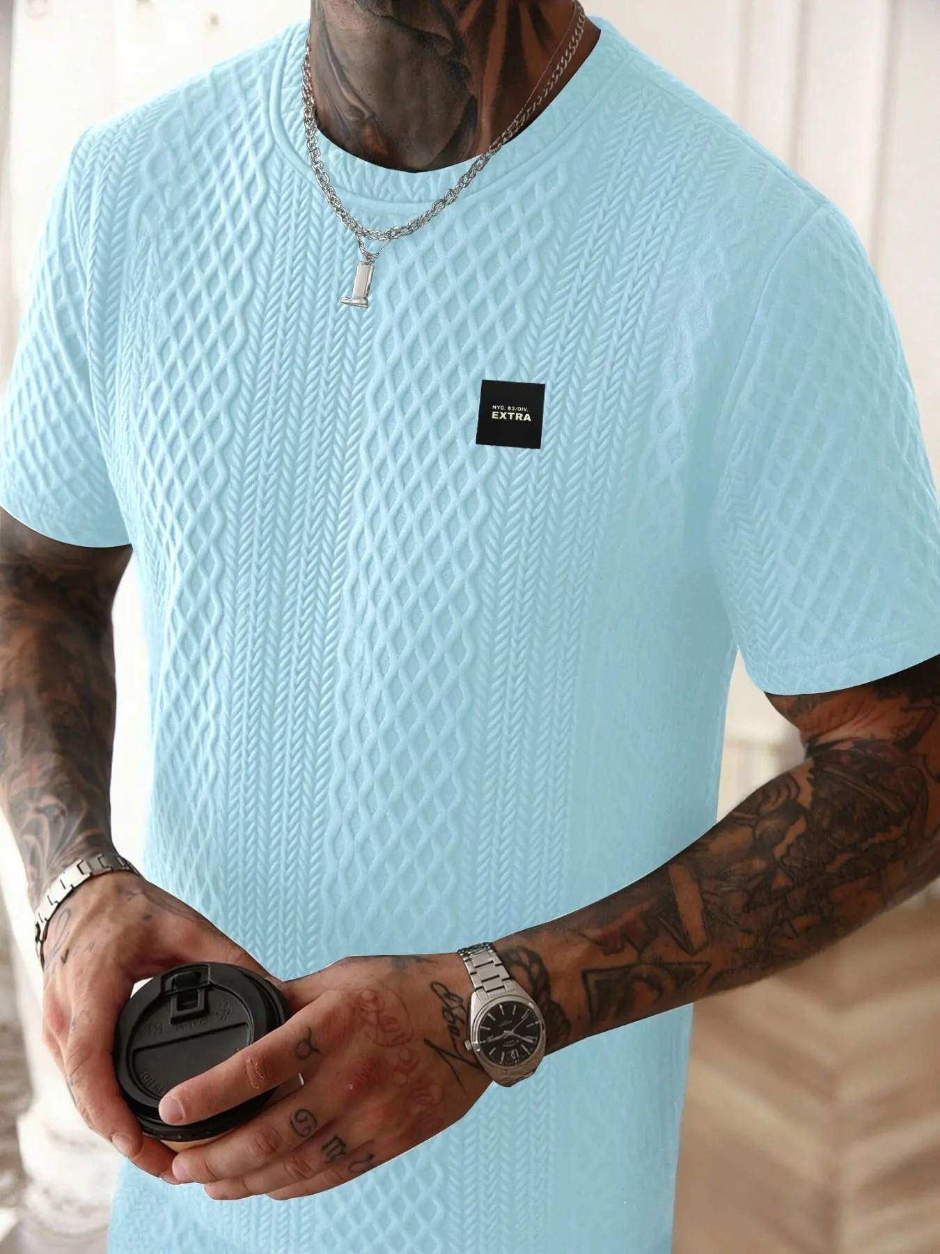Men's Textured Diamond Grid Crew Neck Graphic T-Shirt, Breathable Waffle Knit Short Sleeve Top, Casual Streetwear Fashion, Slim Fit Curved Hem Tee, Daily Wear Workout Gym Shirt, Viral TikTok Men's Essential, Classic, Menswear
