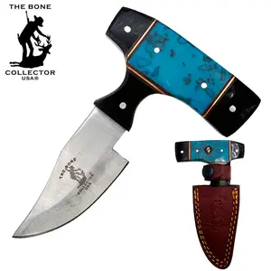5" Bone Collector Blue & Black Short Bone Blade Skinning Knives with Leather Sheath, Kitchen-Use Cutting Tool