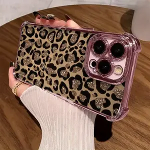 Gold Powder Leopard Pattern Four-Corner Anti-Drop Non-Slip TPU Full-Cover Lens Protective Case for iPhone 17 16 15 14 13 12 11 XS X Gift