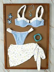 Women's Blue Plaid Floral Three-Piece Swimsuit Set, Fresh Blue Small Flower Patchwork, Beach Vacation Eye-Catching Design, Floral Print Swimsuits, Floral Print Bikinis, Bikinis Sets
