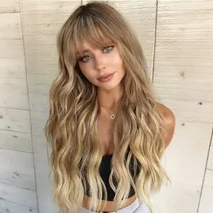 Blonde Wig with Bangs Long curly wavy Wig for Women Ombre wig with Brown root skin-friendly synthetic fiber for festival holiday Use 26IN