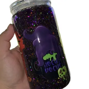 Hocus Pocus Halloween Glitter Tumbler with Purple Witch Hat Design and Colorful Glitter Accents