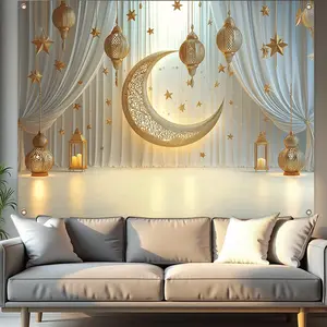 Ramadan Theme Background, 1 Count Star & Moon Pattern Background, Wall Decor for Home Living Room Bedroom, Party Decoration Supplies, Banners
