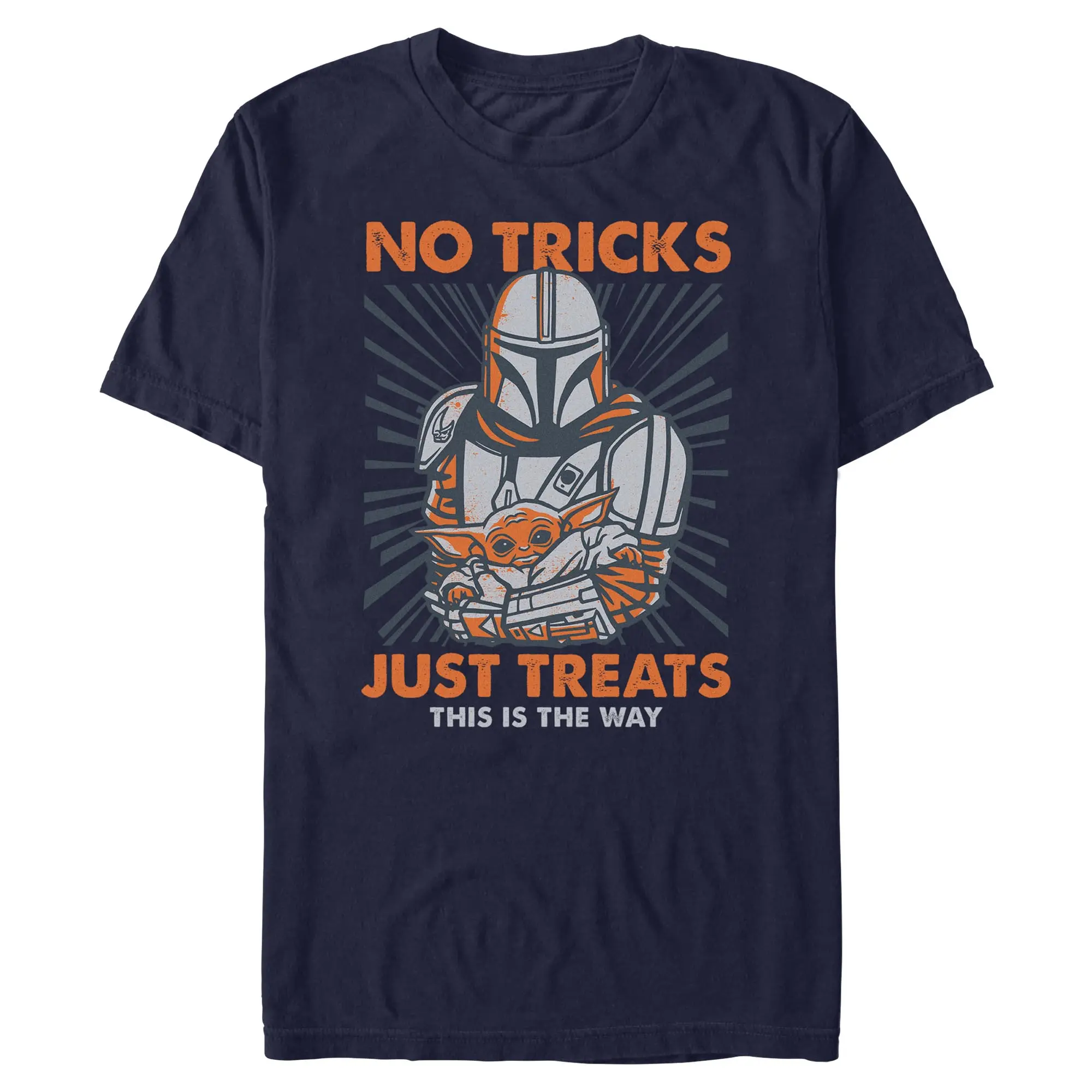 Mens Star Wars: The Mandalorian Grogu and Din Djarin No Tricks Just Treats T Shirt