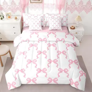 Pink Bowknot Bed Set,in a Bag 7 Pcs,Princess Style Bow-tie Pink White Bedding Set,Dreamy Fairy Tale Bow Crossed Patchwork Comforter with Fitted,Flat Sheet,Pillowcase,Pillow Covers