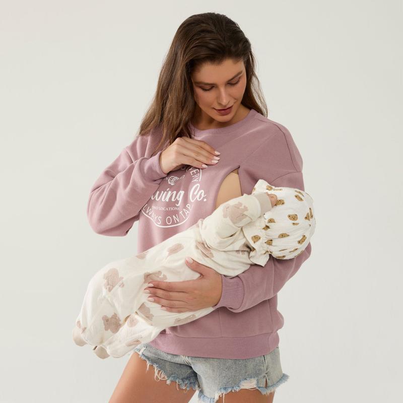 Giftifymama Mama's Boobery Long Sleeve Pullover Sweatshirt Fleece Nursing Maternity Sweatshirt Cotton Zip Nursing Pullover Crew Neck Design Loose Fit Spring & Autumn Wear L Multiple Sizes S-XXL Postpartum essentials Mother’s Day gift breastfeeding clothes
