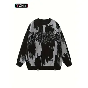 Women's Colorblock & Letter Print Ripped Round Neck Sweater, Casual Drop Shoulder Long Sleeve Jumper, Ladies Knitwear for Fall & Winter Daily Wear（gift）Gift