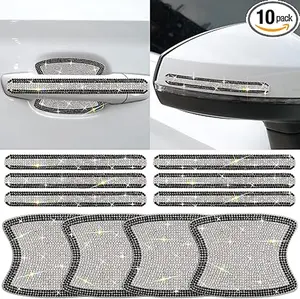 10PCS Car Door Handle Bling Rhinestones Stickers Universal Auto Door Handle Scratch Cover Guard Protective Film Pad with Safety Reflective Strips