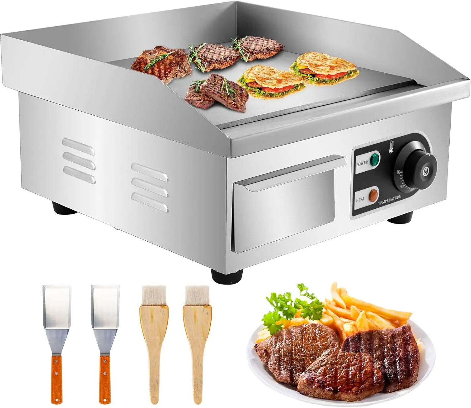 VEVOR 14" Commercial Electric Countertop Griddle - 110V 1500W Power Stainless Steel Non-Stick Teppanyaki Flat Top Grill, 122°F-572°F Adjust Temp, Restaurant Use (No Plug)