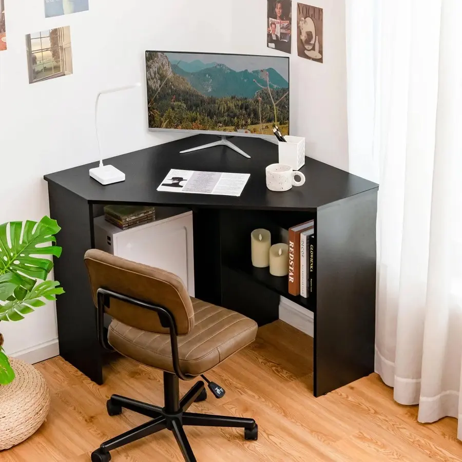 Triangle Corner Functional Home Office Workstation - Modern Multi Purpose Space Saving Writing Desk with Storage Shelf, Cable Management Holes, 200 lbs Weight Capacity for Bedroom, Functional Table, Multi Purpose Desk