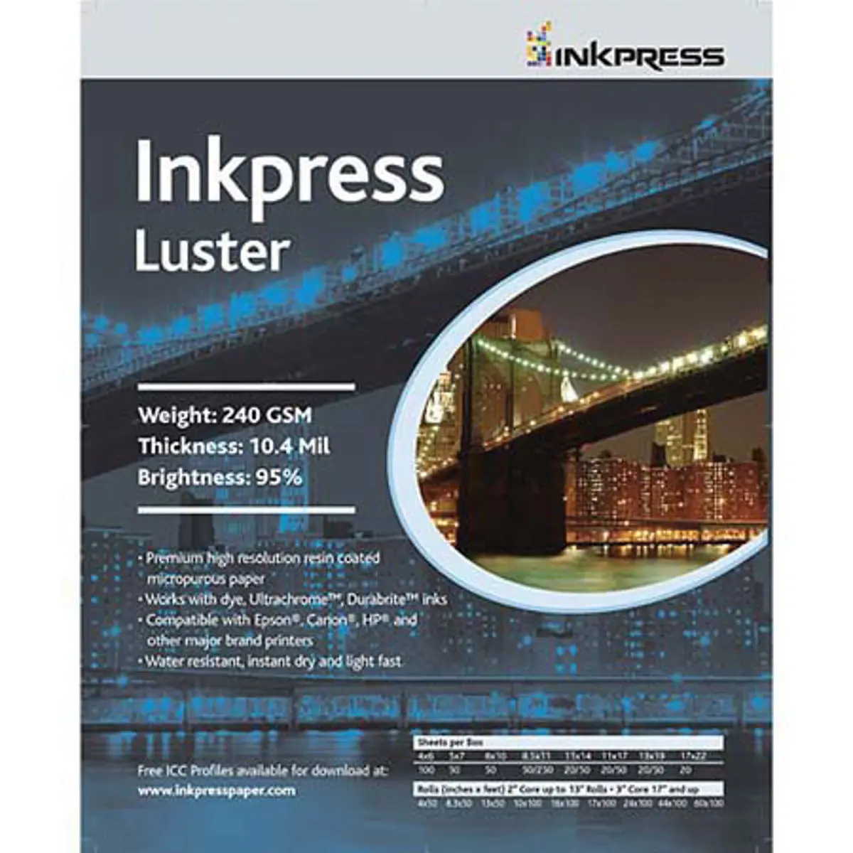 Inkpress Luster Series Premium Single-Sided Bright Resin-Coated Photograde Inkjet Paper - Dye/Pigment Compatible, High Resolution, Ultra Absorbent, 10.4mil, 240gsm, 11x14in, 250 Sheets