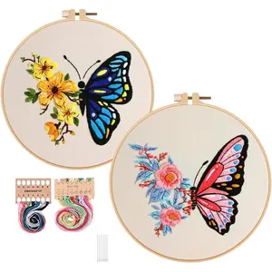 Embroidery Starter Kits with Butterfly Flower , Stamped   Kits for Beginners Adults DIY Sewing Include Embroidery Hoop Embroidery Fabric Threads and ,Set of 2