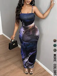 Elegant Women's Slim-Fit Long Marble Print Slip Dress, Stylish Summer Back-To-School Dress, Perfect for Parties and Casual Outings, Elegance, Womenswear